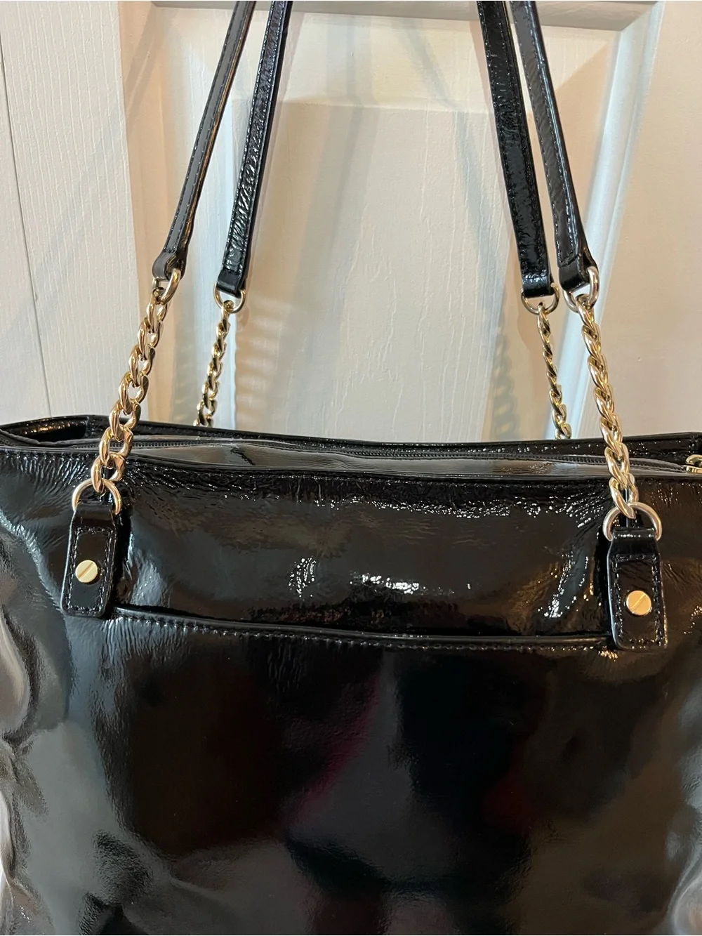 Michael Kors Black Patent Tote with Gold Chain Straps